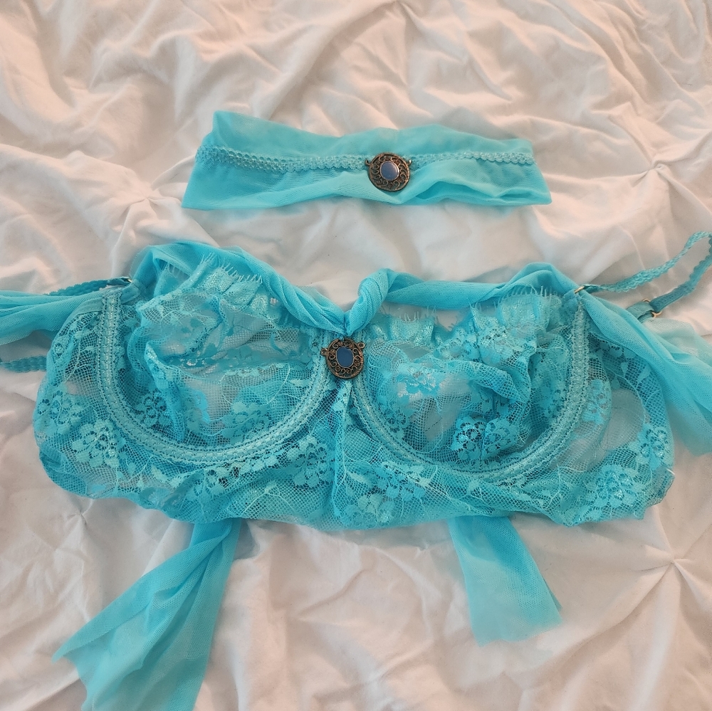 Tiffany Blue Sheer Lace Jasmine Bra and Headband with gold and blue gemstones